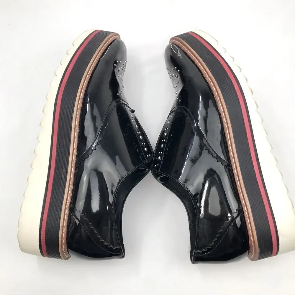 Zara Woman Black Patent Leather Silver Studded Platform Oxford Sneakers